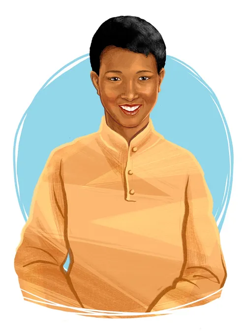 Digital portrait of a smiling woman in orange shirt by Katharina Madesta