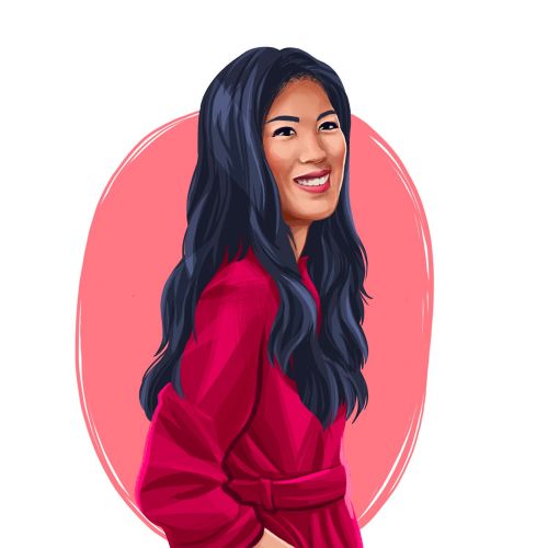 Digital portrait of a smiling woman with long black hair in red by Katharina Madesta