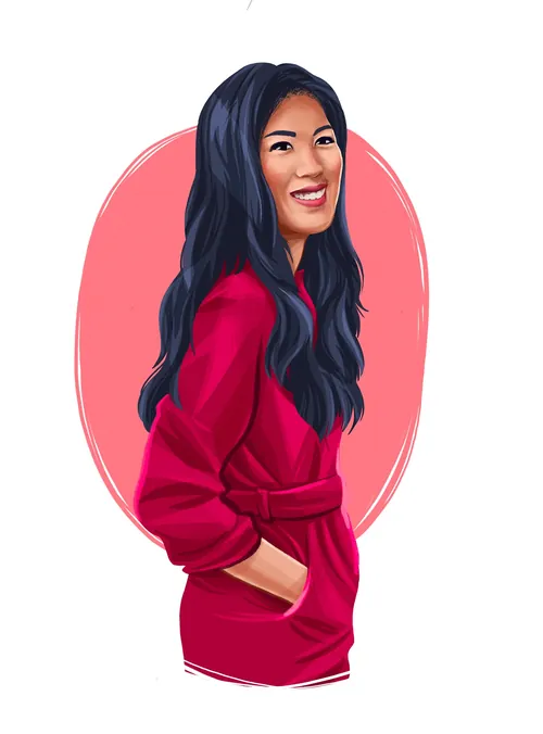 Digital portrait of a smiling woman with long black hair in red by Katharina Madesta