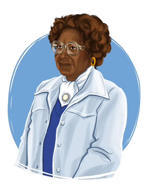 Digital portrait of African American woman in glasses and blue jacket by Katharina Madesta