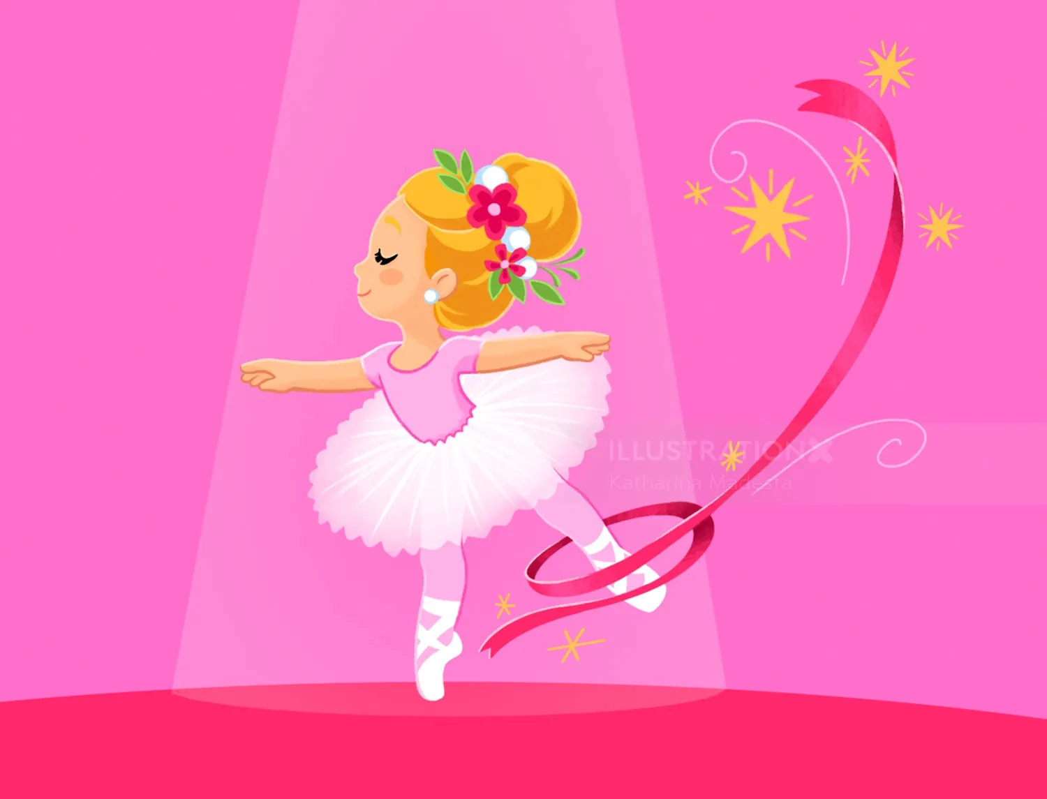 Young ballerina dancing gracefully in pink tutu and floral hair accessories by Katharina Madesta