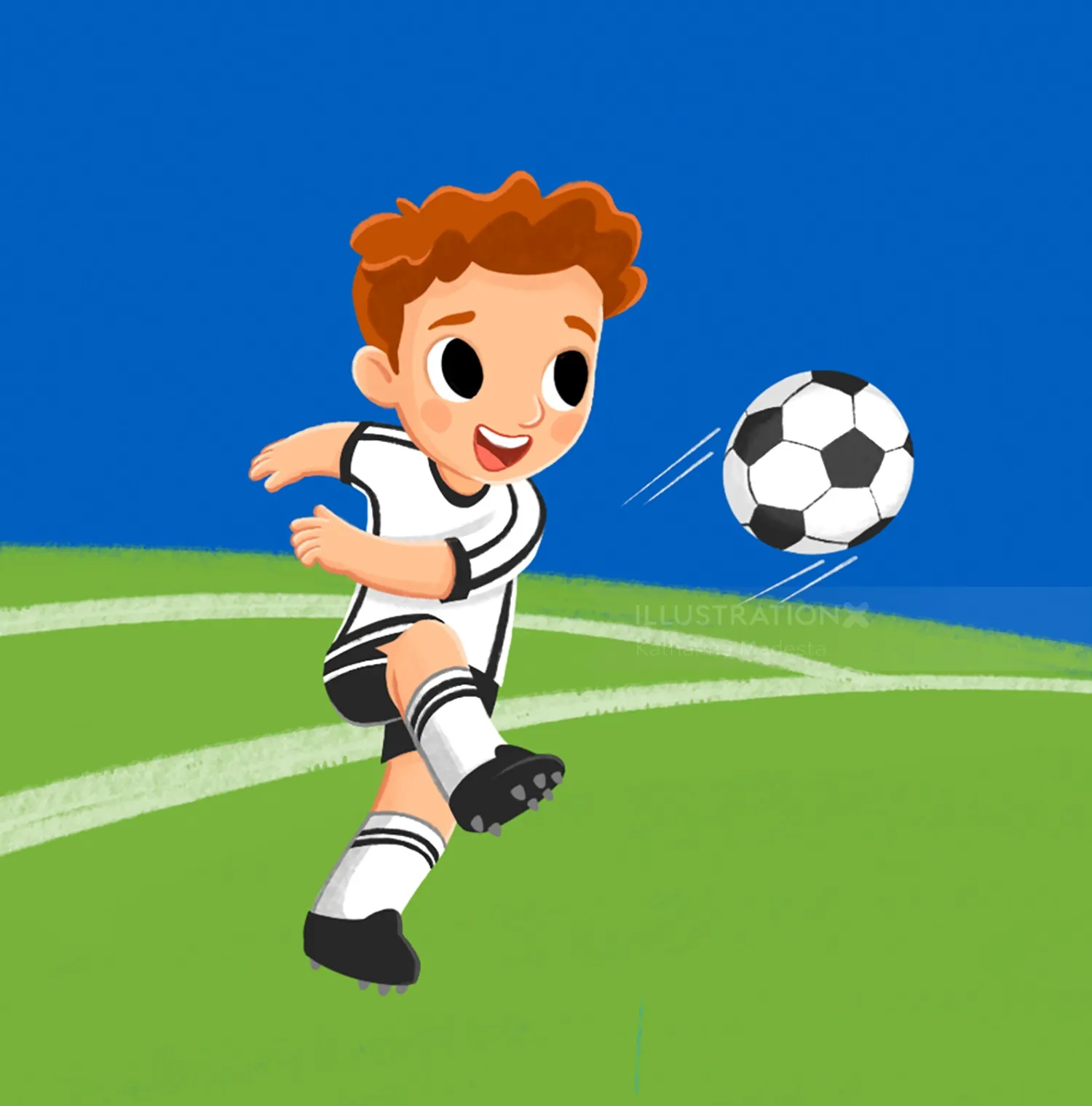 Young boy kicking soccer ball on field by Katharina Madesta