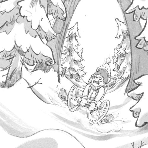 Child sledding down snowy hill through pine trees, sketch by Katharina Madesta