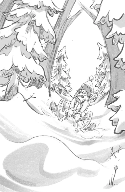 Child sledding down snowy hill through pine trees, sketch by Katharina Madesta