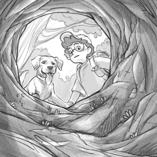 Child and dog peering out from inside a hollow tree tunnel by Katharina Madesta
