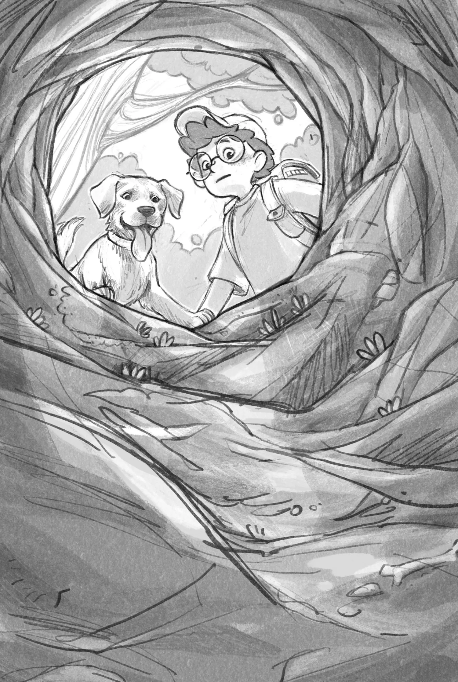 Child and dog peering out from inside a hollow tree tunnel by Katharina Madesta