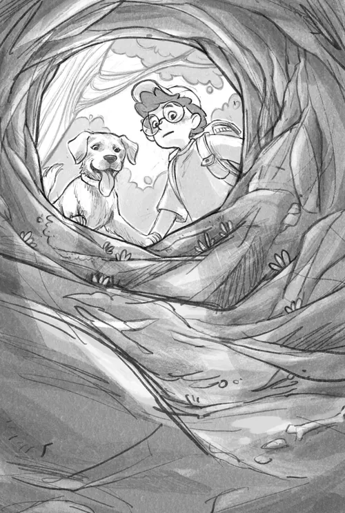 Child and dog peering out from inside a hollow tree tunnel by Katharina Madesta