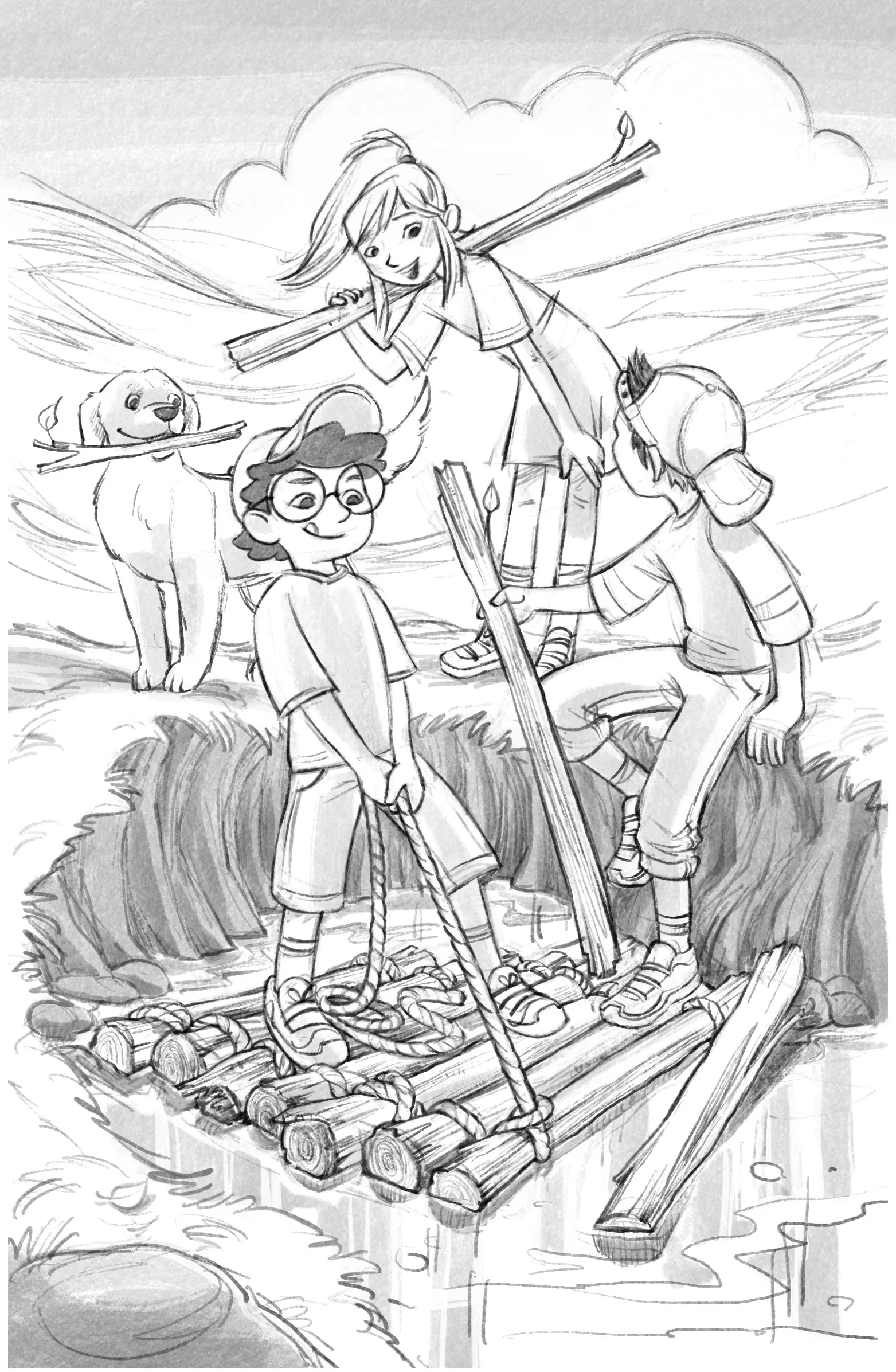 Children building a raft by the stream with a dog, illustration by Katharina Madesta