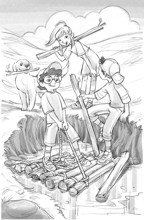 Children building a raft by the stream with a dog, illustration by Katharina Madesta