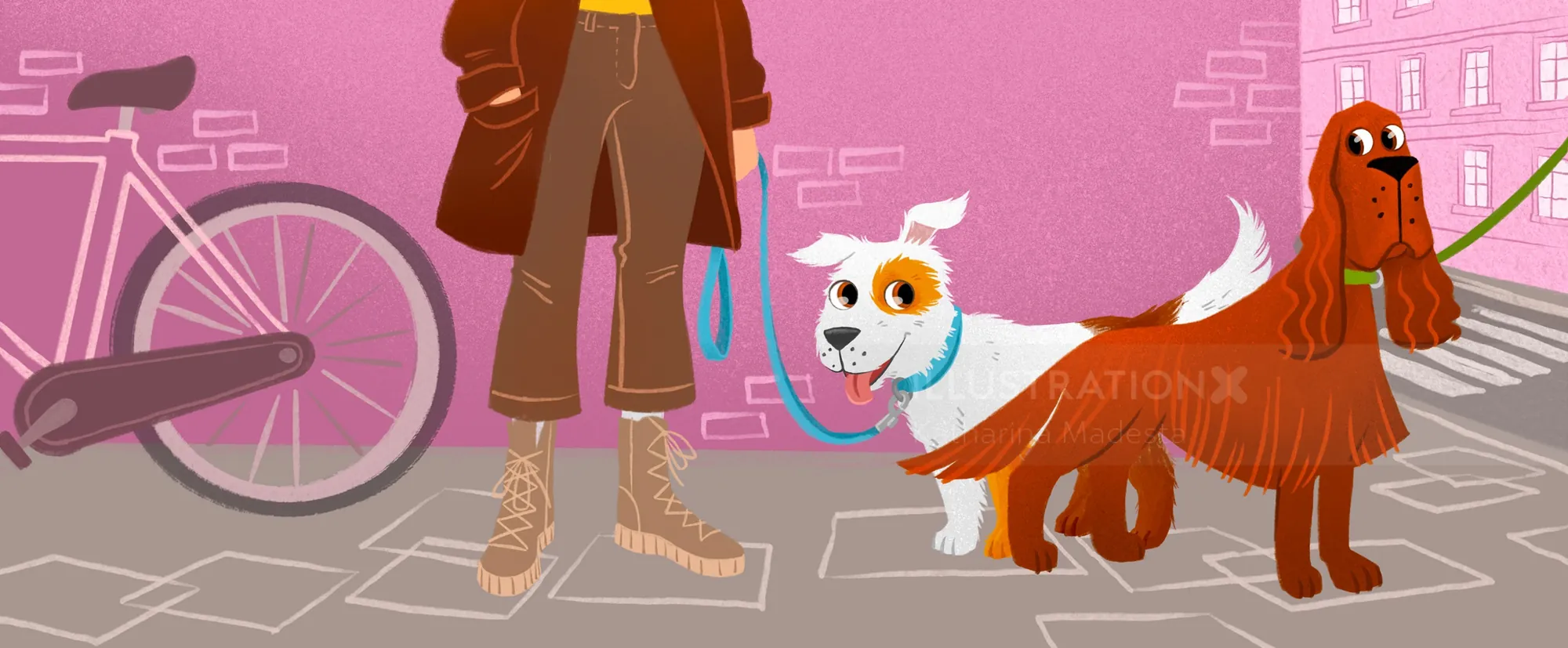 Two dogs on leashes in a pink city scene by Katharina Madesta