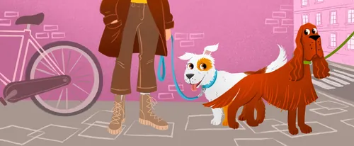 Two dogs on leashes in a pink city scene by Katharina Madesta