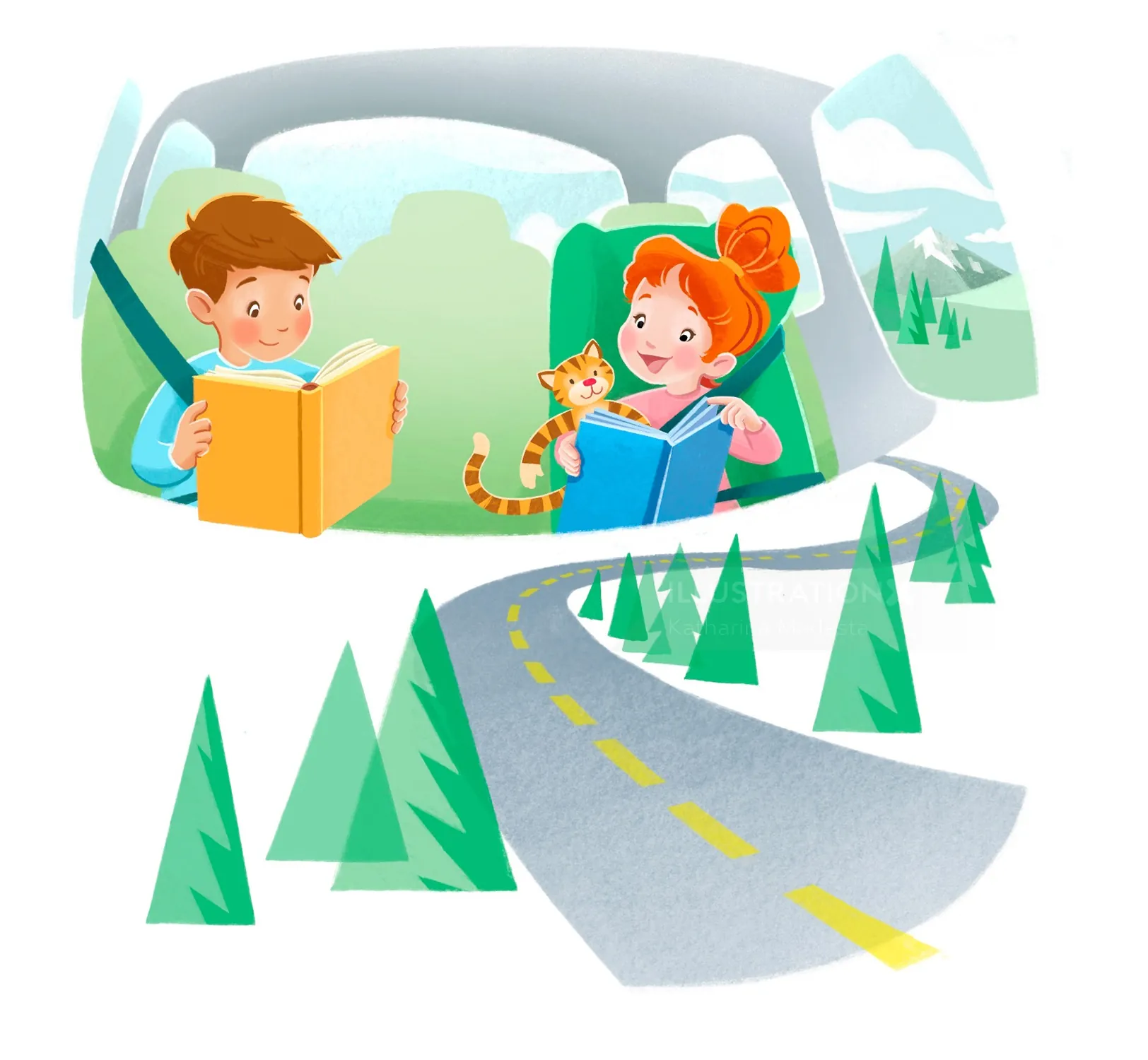 Children reading books in car with cat inside, illustrated by Katharina Madesta
