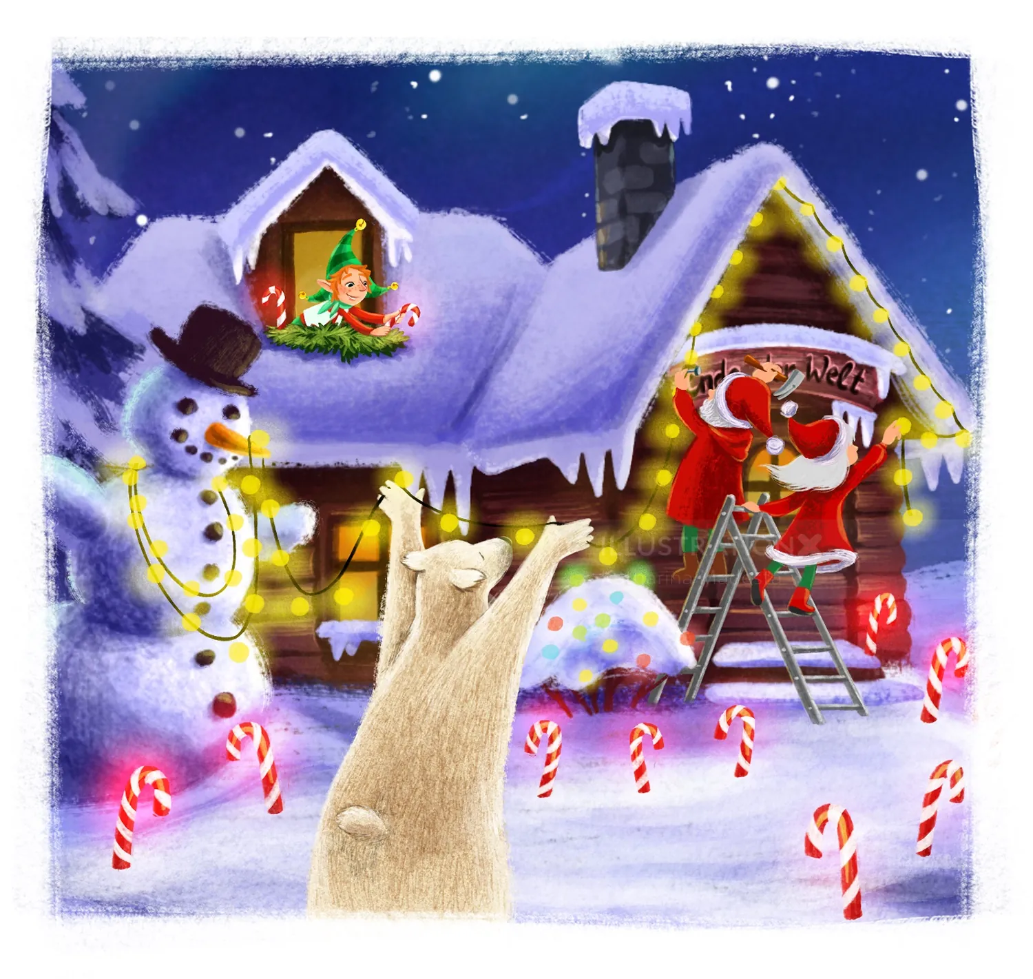 Christmas Eve scene with Santa, snowman, cat, and decorated house by Katharina Madesta