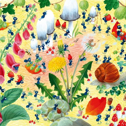 Illustration of ants, mushrooms, and snails on forest floor by Katharina Madesta