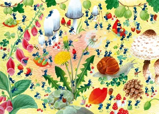 Illustration of ants, mushrooms, and snails on forest floor by Katharina Madesta