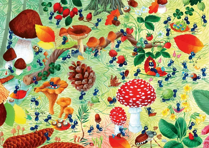 Colorful mushrooms, berries, pinecones, and leaves illustration by Katharina Madesta
