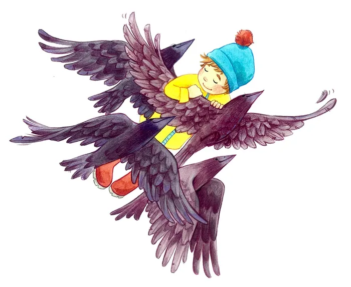 Child in blue hat riding large black birds illustration by Katharina Madesta