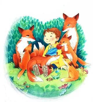 Child sitting with four friendly foxes in forest, artwork by Katharina Madesta