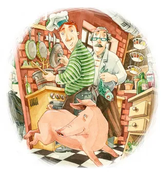 Kitchen scene with chef, waiter, and a pig by Katharina Madesta