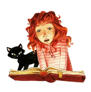 A red-haired girl with freckles reading a book with a black cat nearby by Katharina Madesta