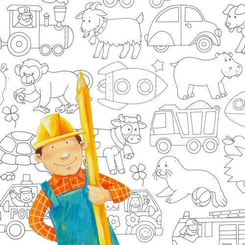 Children's coloring page with animals, vehicles, and construction worker by Katharina Madesta
