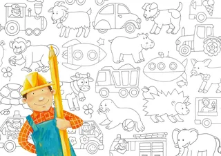 Children's coloring page with animals, vehicles, and construction worker by Katharina Madesta