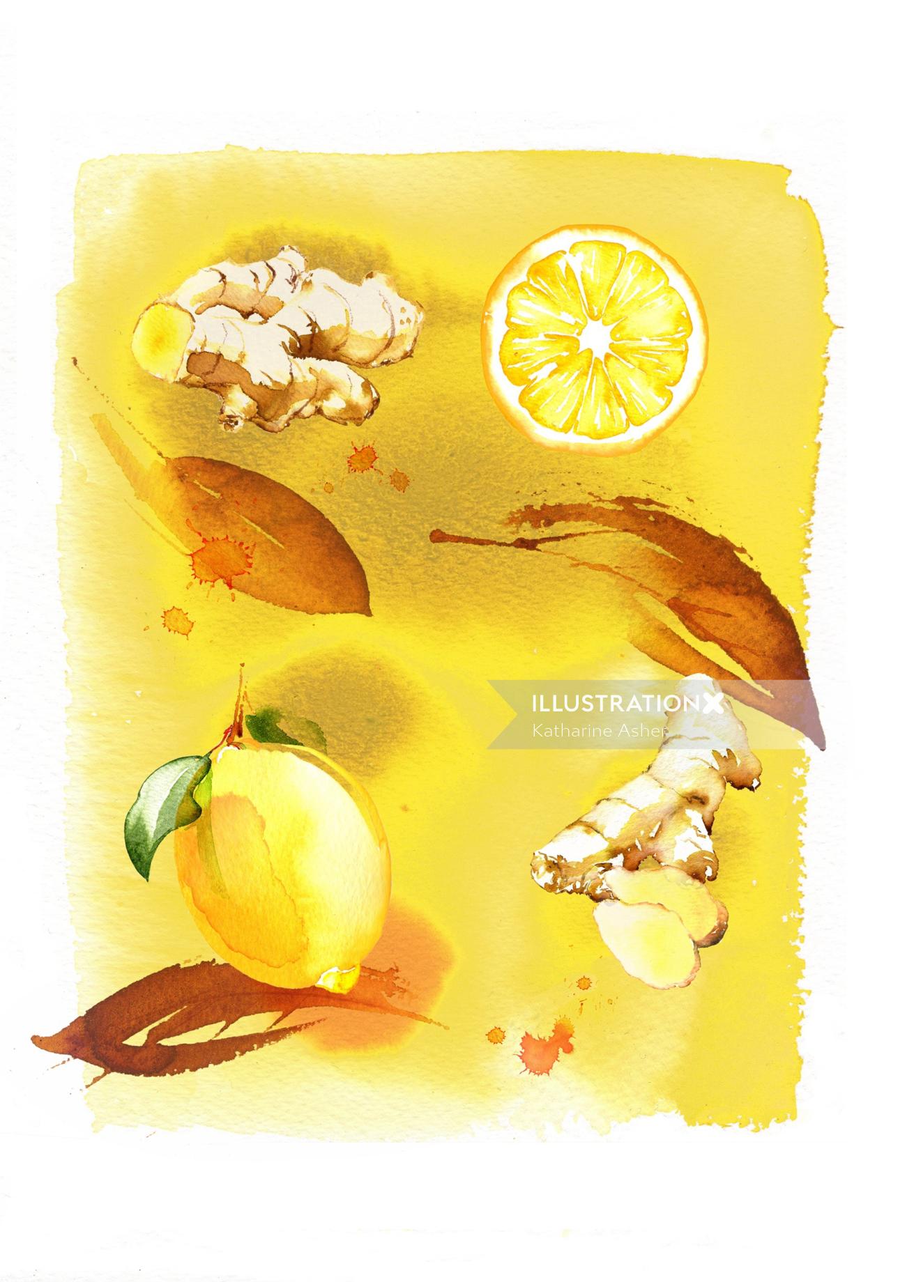 Lemon ginger watercolor illustration