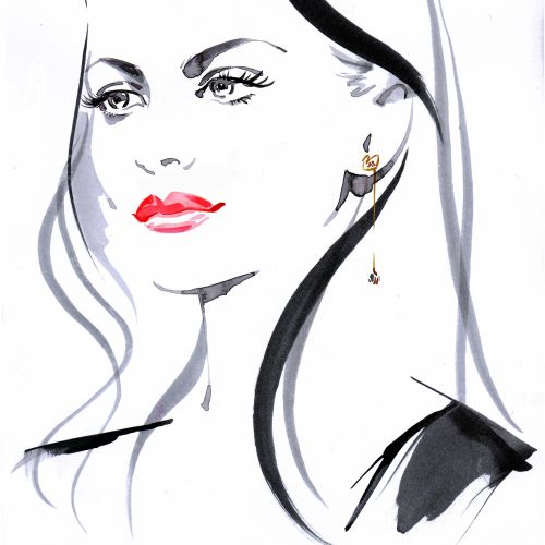 Line art of the model wearing earrings