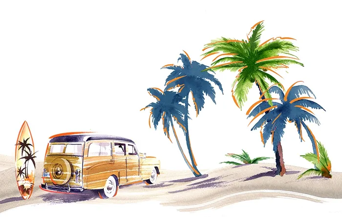 surfer van in beach line art 