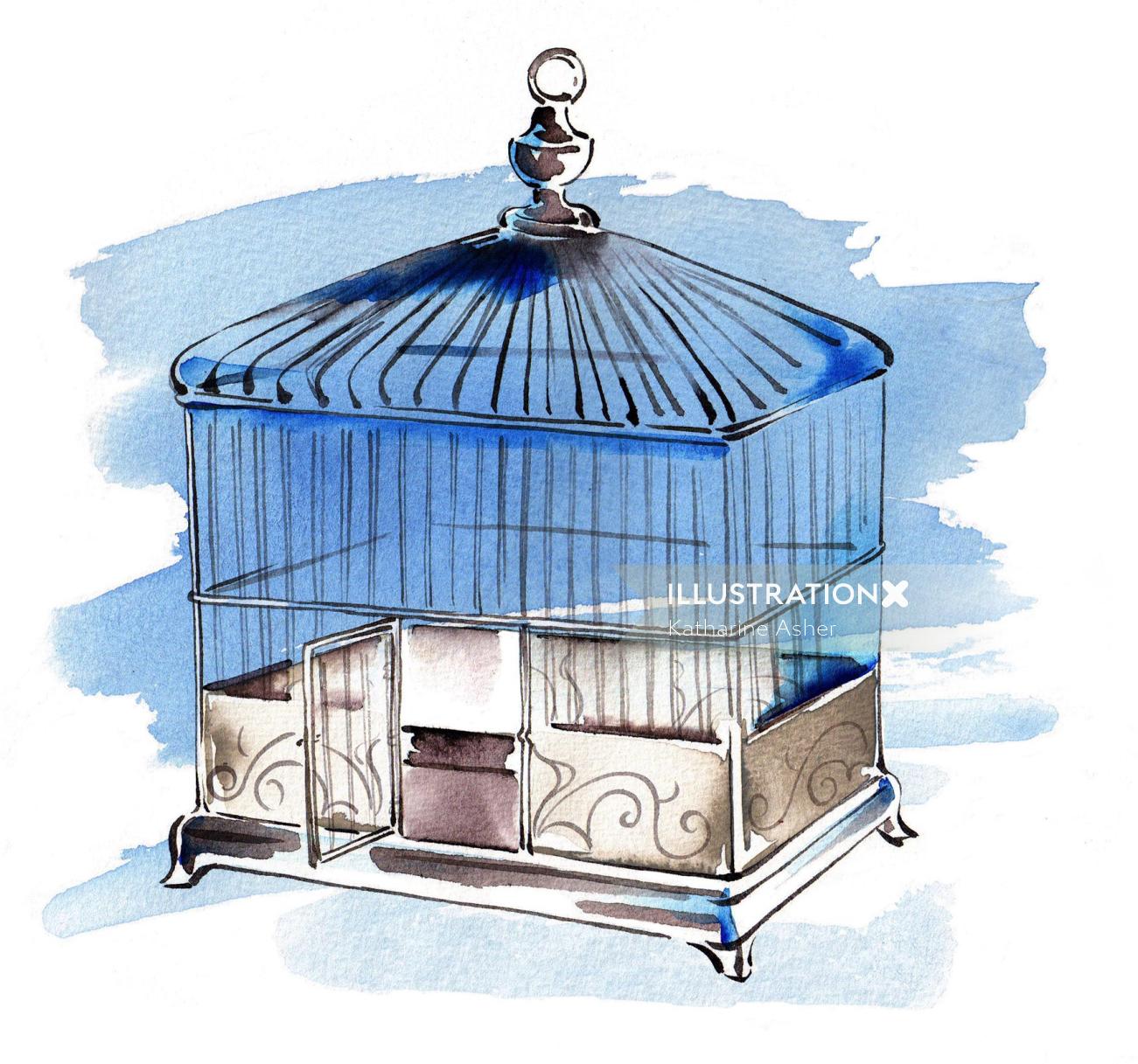 Watercolour painting of bird cage for oxford university press
