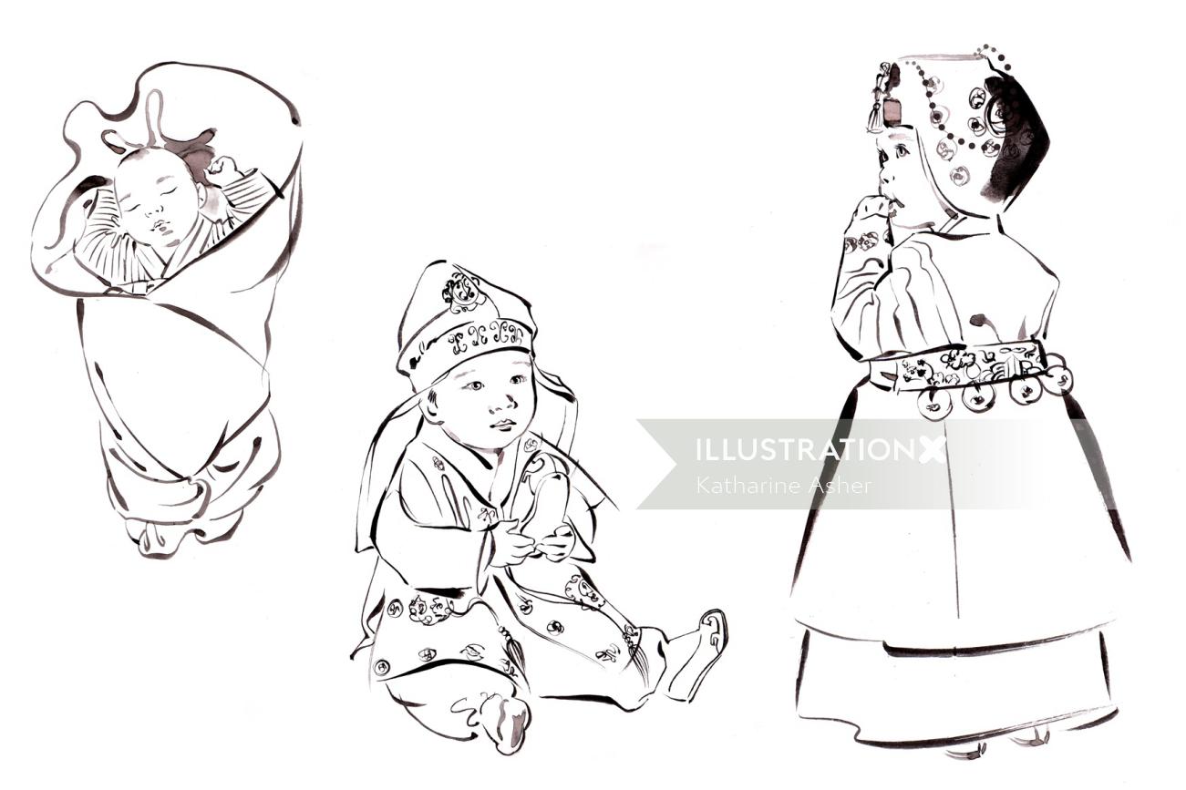 Ilustração tradicional coreana de Hanbok
