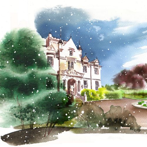 Luminous watercolor depiction of grand stately homes
