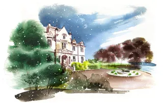 Luminous watercolor depiction of grand stately homes