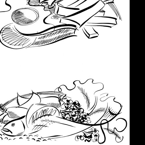 line drawing of healthy food and fish steak