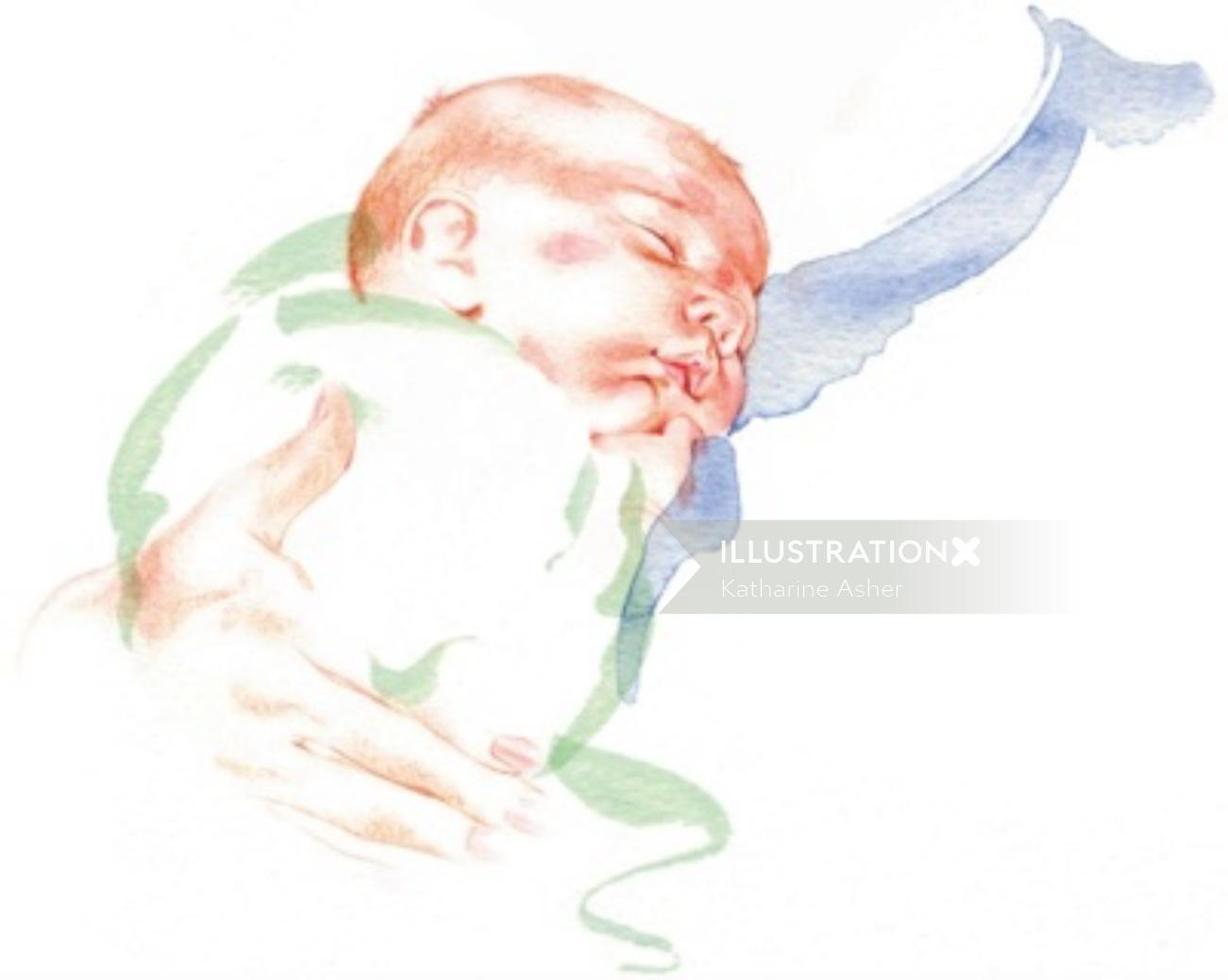 NHS産科病棟の生まれたばかりの赤ちゃんの水彩イラスト