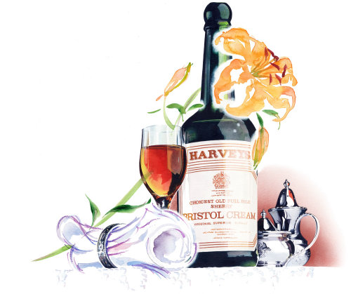 Watercolour Lettering of Harveys wine bottle