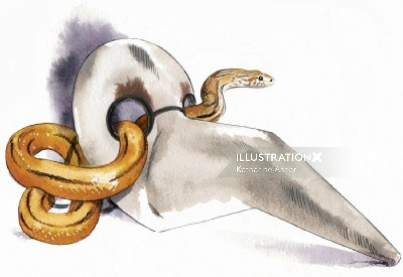 Ilustración de serpiente y skelton por Katharine Asher
