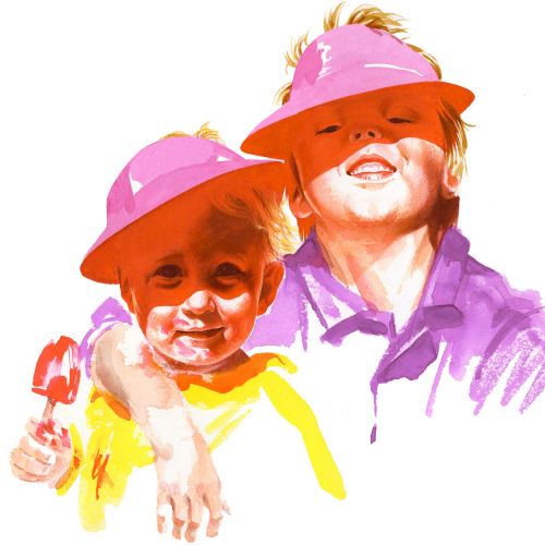 Watercolor portrait painting of kids standing in sunlight