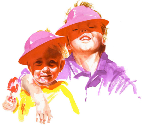 Pintura em aquarela retrato de crianças em pé na luz solar