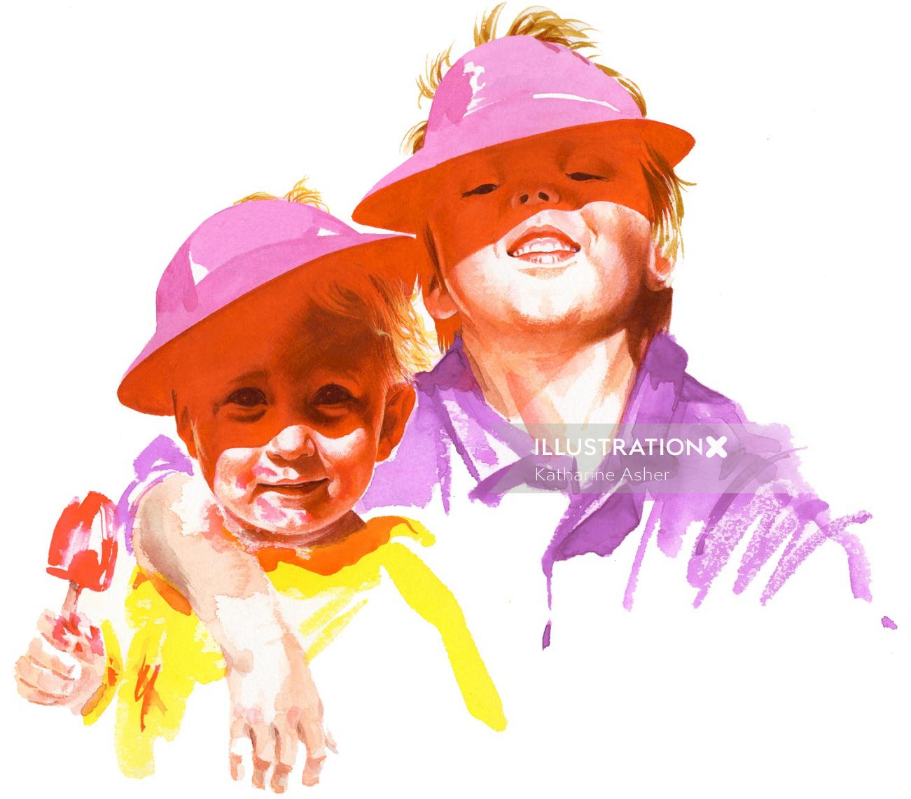 Pintura em aquarela retrato de crianças em pé na luz solar