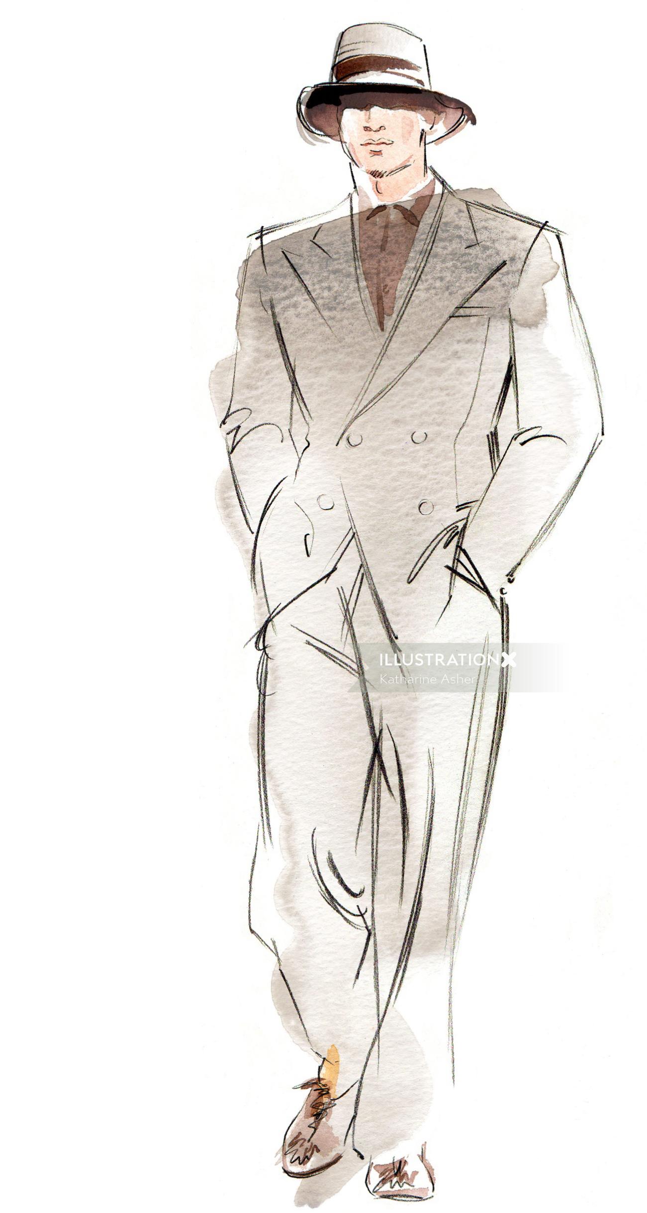 Ilustración de hombre en abrigo de Katharine Asher