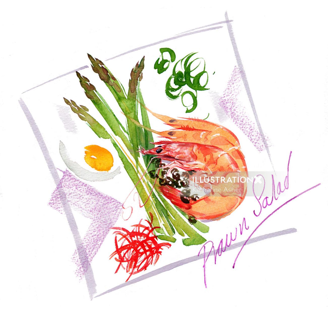 desenho em aquarela editorial de salada de camarão