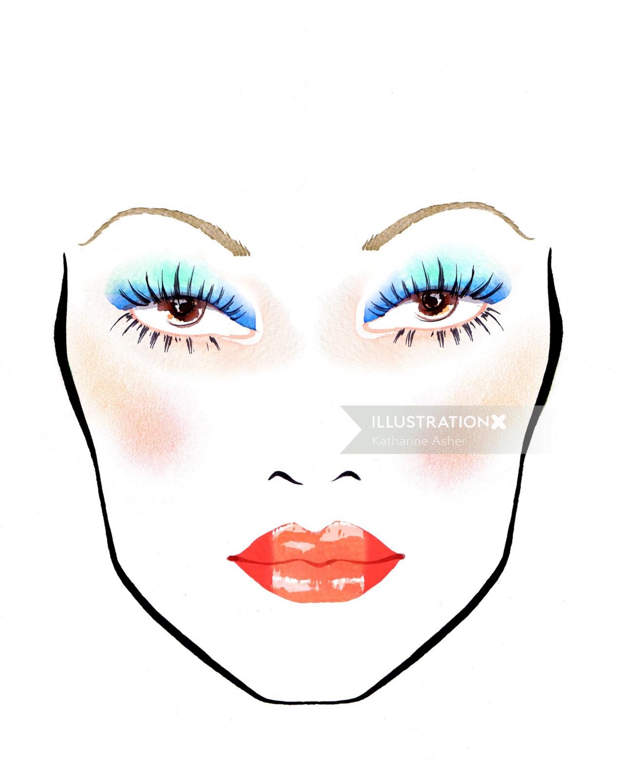 Ilustración de ojos azules y labios rojos de Katharine Asher