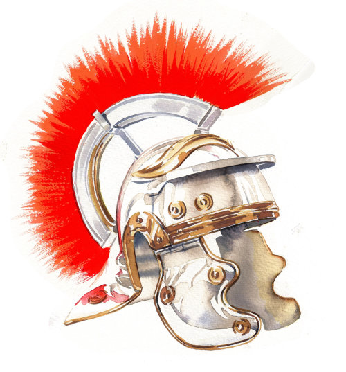 Ilustração espartana do capacete de guerra por Katharine Asher