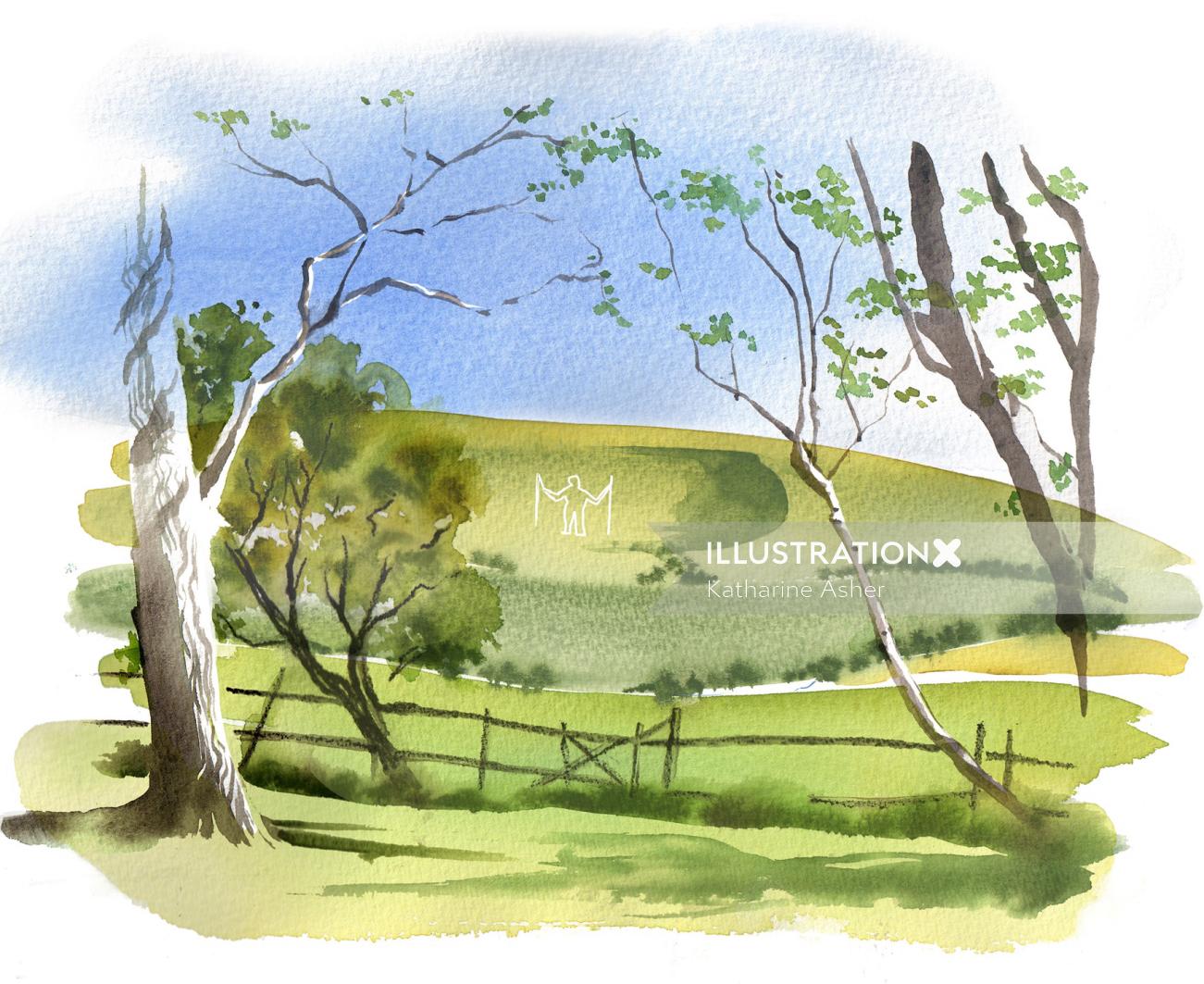 Ilustração das colinas do sul por Katharine Asher