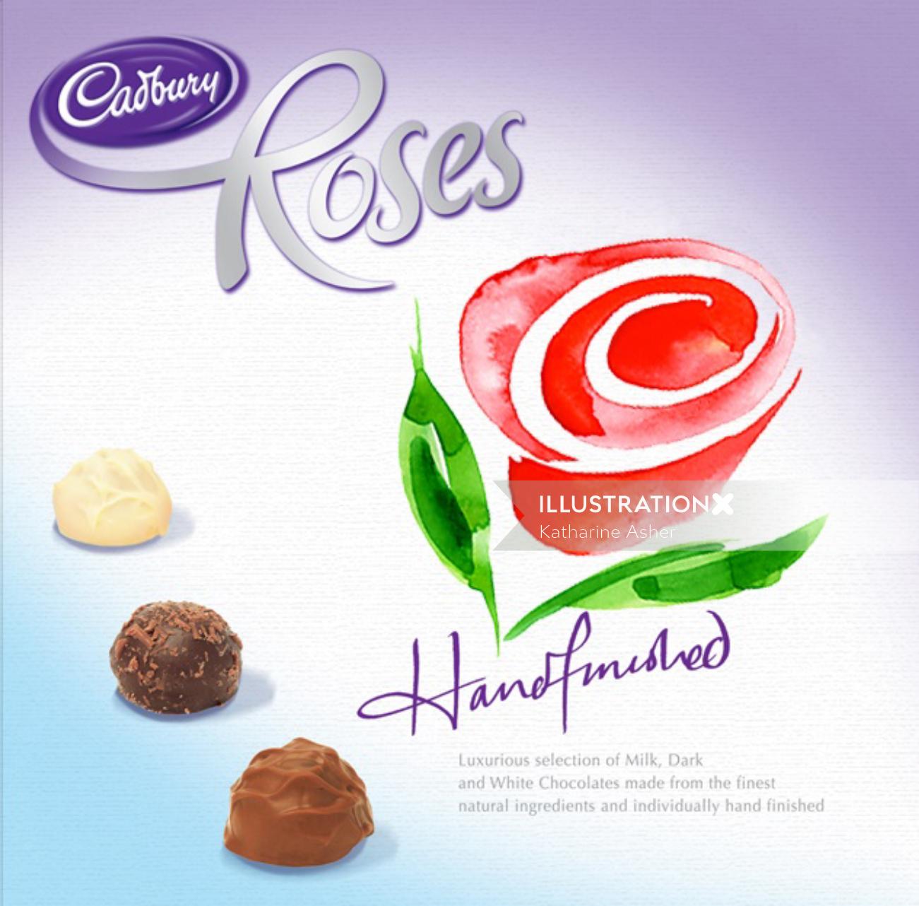 Ilustração de chocolates de rosas Cadburys por Katharine Asher