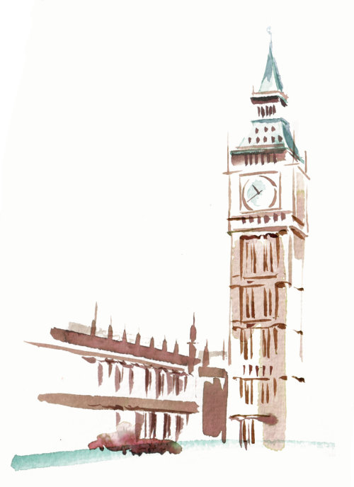 Ilustração da torre do relógio por Katharine Asher