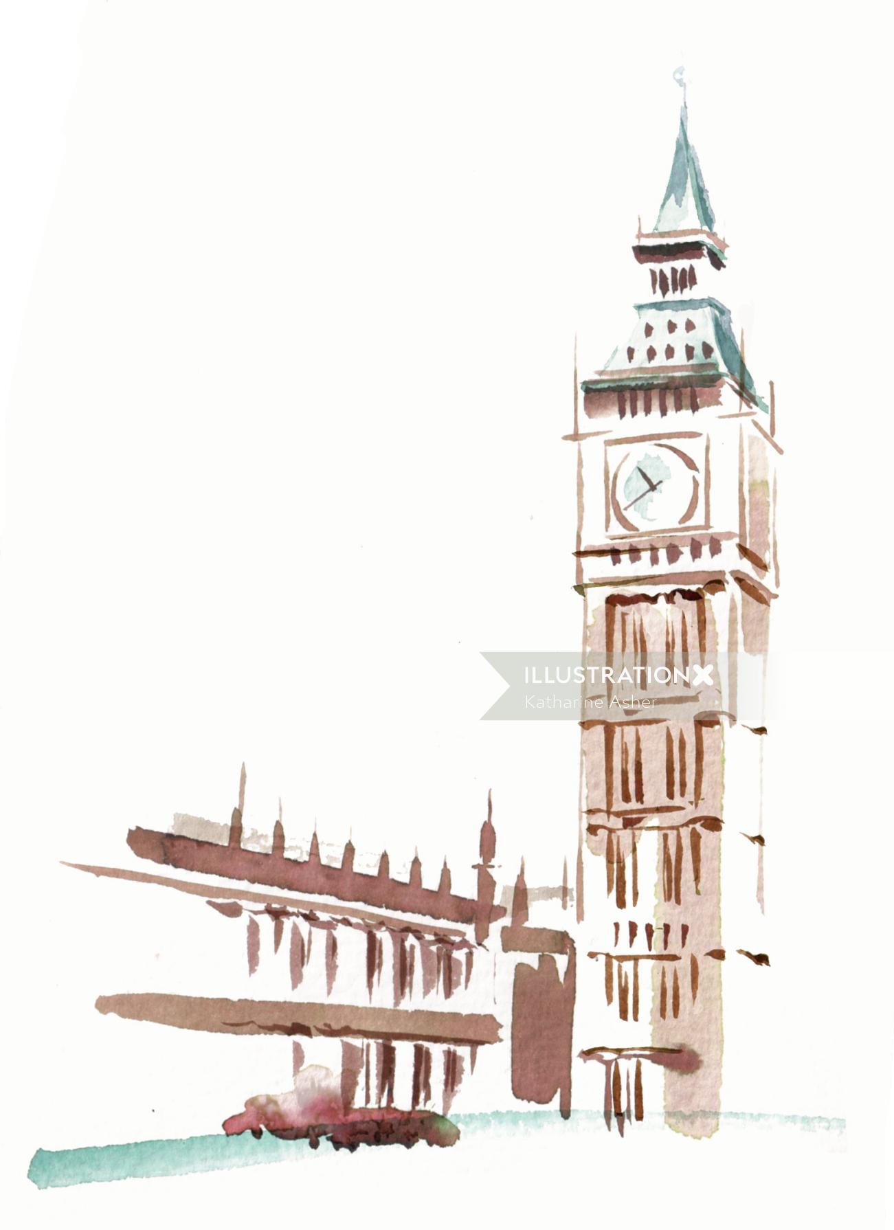 Ilustração da torre do relógio por Katharine Asher
