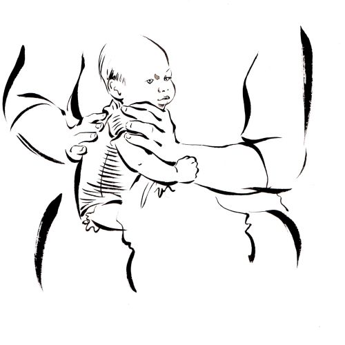 Mother holding baby illustration by Katharine Asher