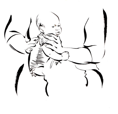 Mother holding baby illustration by Katharine Asher